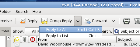 Evolution 'Group Reply' button with drop-down list